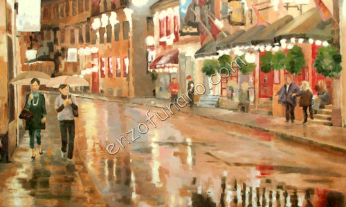 Rainy Night, Quebec City Urban Scene by Enzo